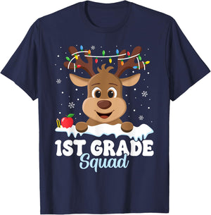 1st Grade Teacher Christmas First Grade Squad Reindeer Xmas T-Shirt - T-Shirt | Navy