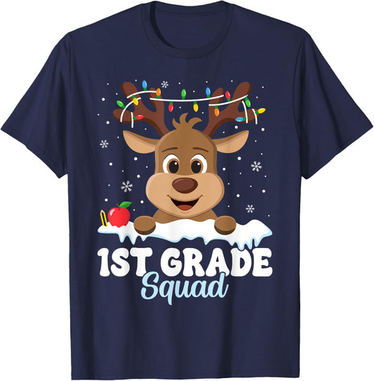 1st Grade Teacher Christmas First Grade Squad Reindeer Xmas T-Shirt - T-Shirt | Navy