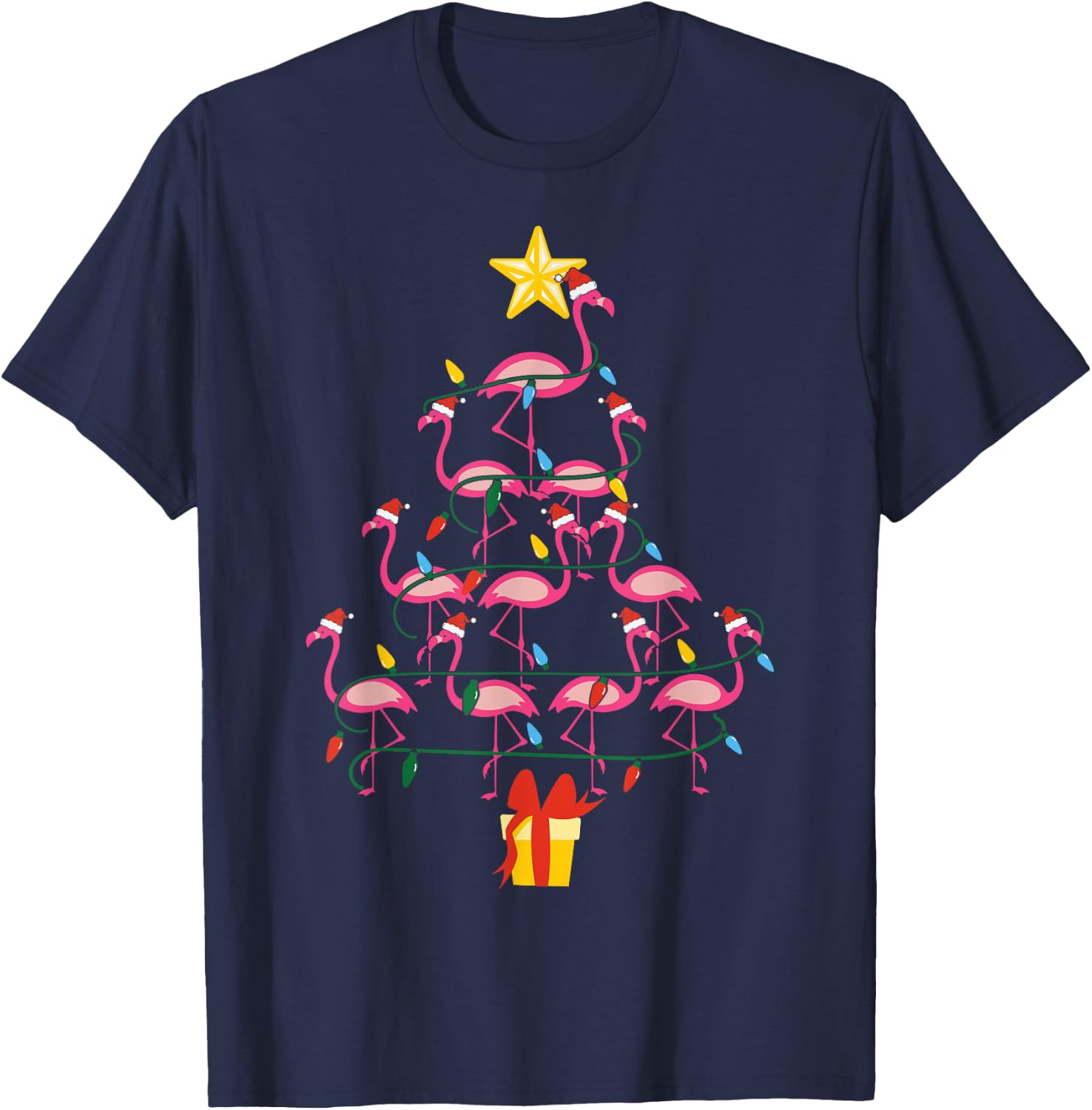 Merry Christmas Hat Santa Flamingo Light Snow Xmas Pajamas T-Shirt - T-Shirt | Navy