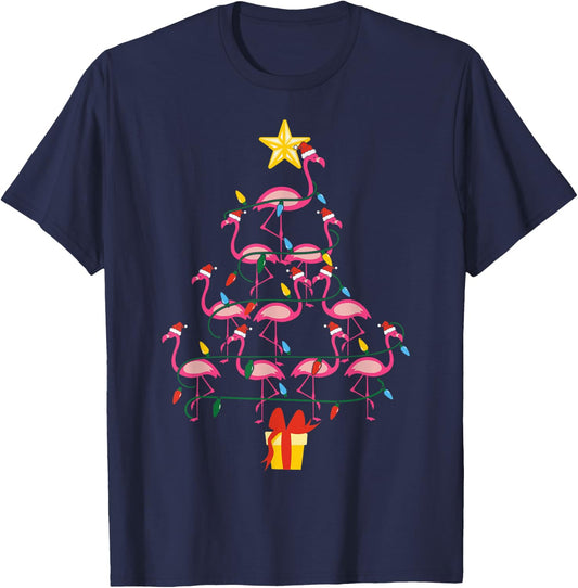 Merry Christmas Hat Santa Flamingo Light Snow Xmas Pajamas T-Shirt - T-Shirt | Navy