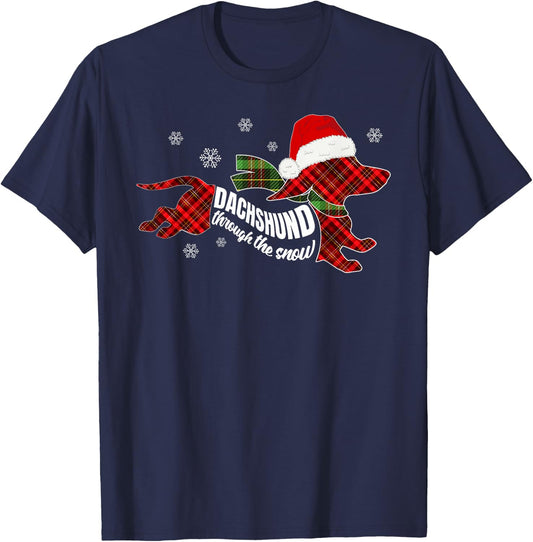 Merry Christmas Dachshund Dog Through The Snow Plaid Xmas T-Shirt - T-Shirt | Navy