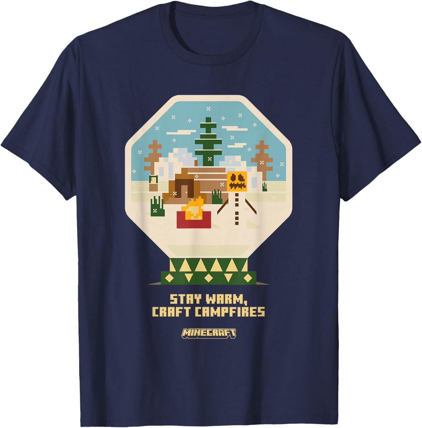 Minecraft Christmas Stay Warm Craft Campfires Snow Globe T-Shirt - T-Shirt | Navy