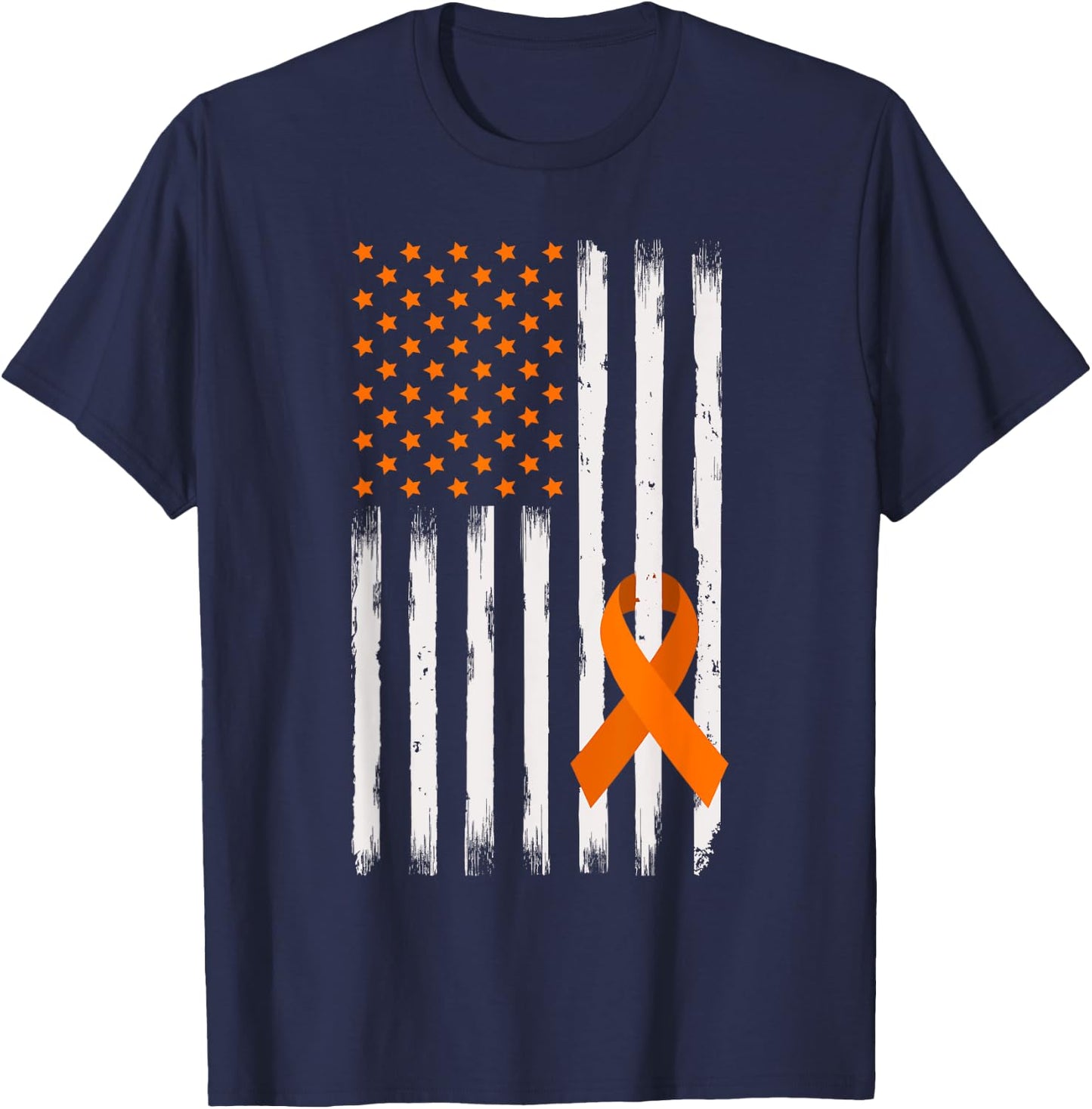 American Flag Orange Ribbon Kidney Cancer Awareness Warrior T-Shirt - T-Shirt | Navy