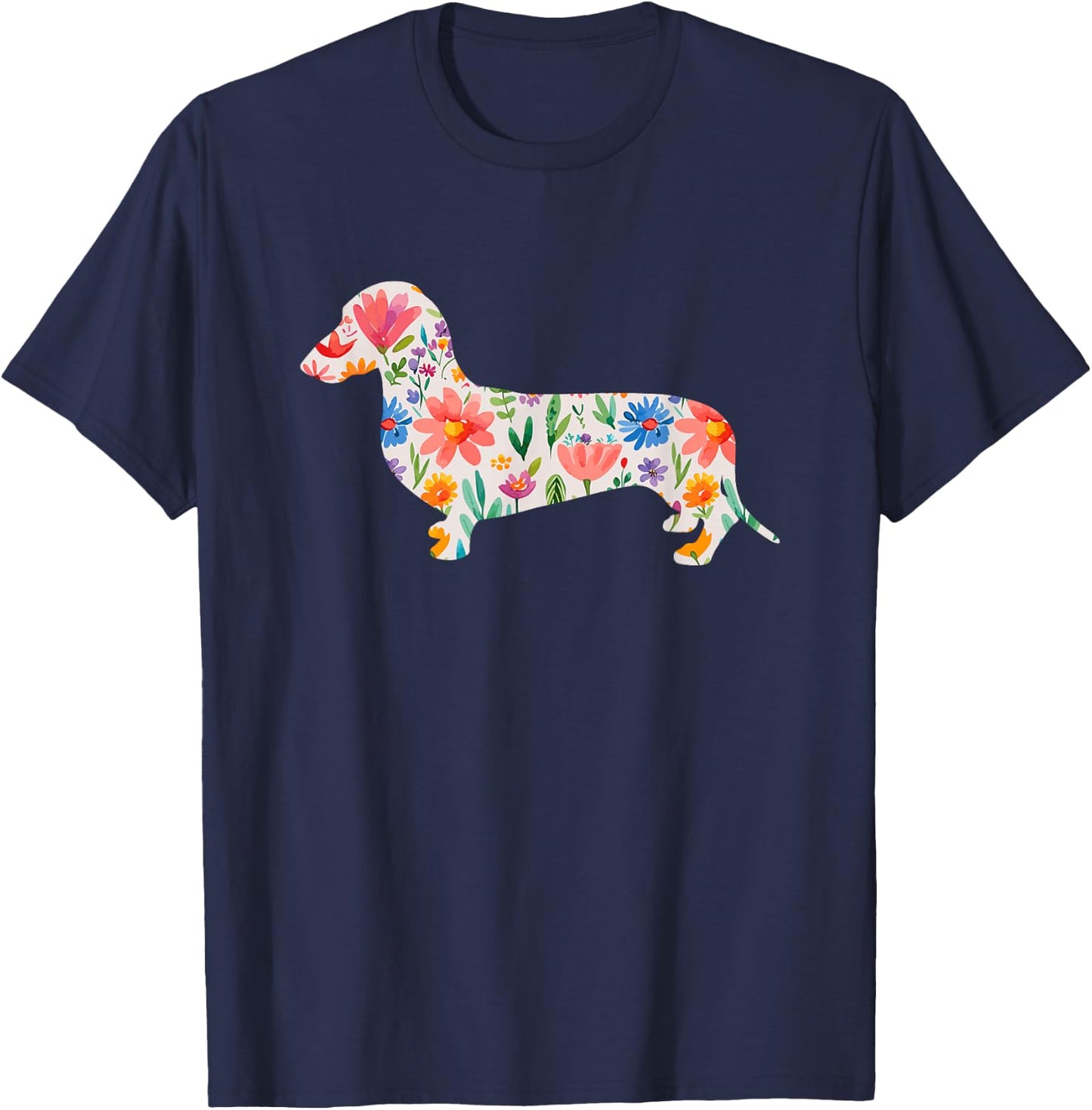 Smooth Dachshund watercolor flowers design T-Shirt - T-Shirt | Navy
