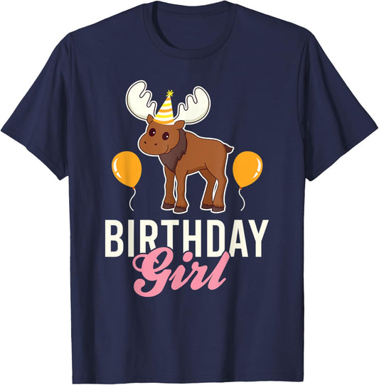 Cute Moose Birthday Girl Kawaii T-Shirt - T-Shirt | Navy