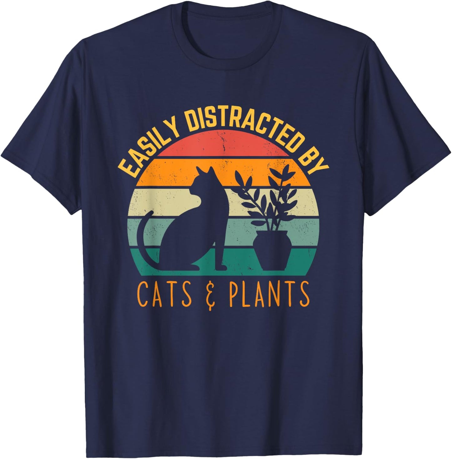 Easily Distracted By Plants & Cats Retro Pet Cat Plant Lover T-Shirt - T-Shirt | Navy