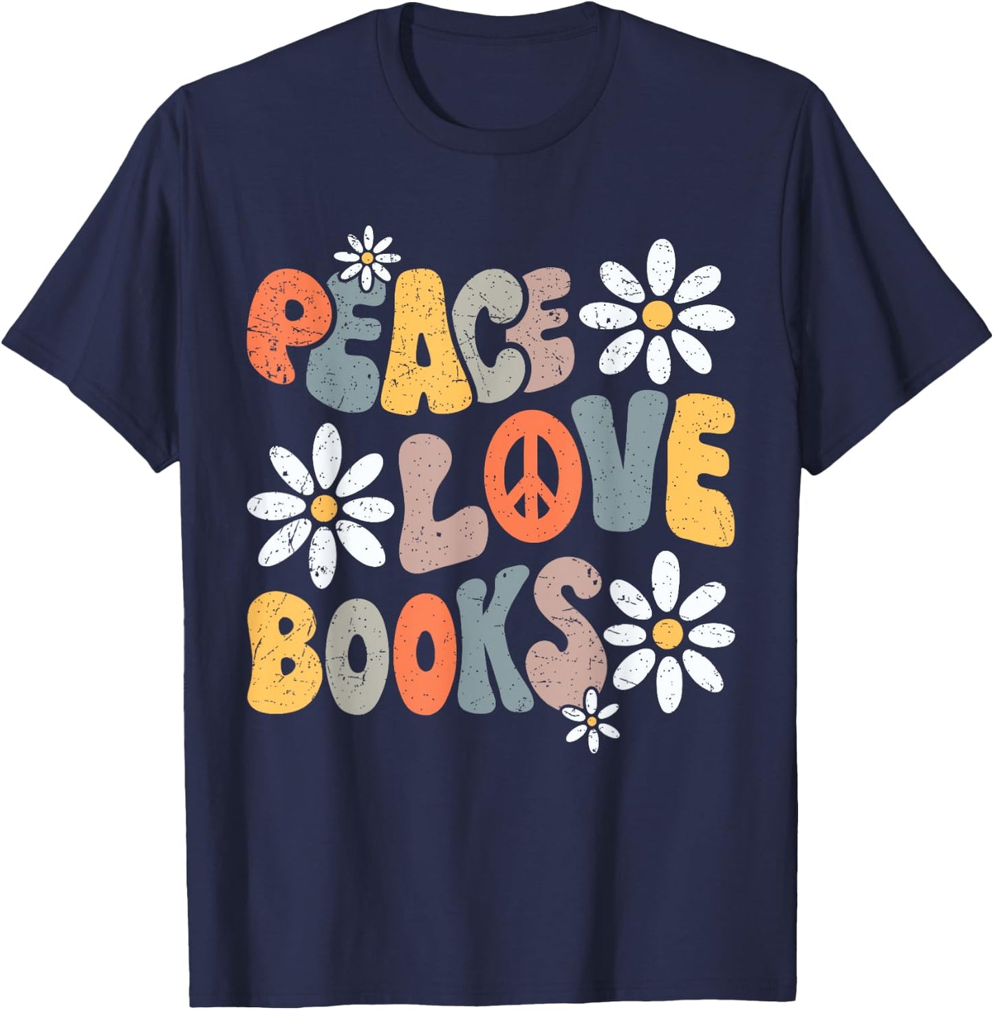 Peace Love Books Groovy Bookworm Book Nerd Reading Teacher T-Shirt - T-Shirt | Navy