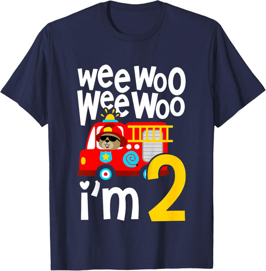 Kids Boys Birthday Wee Woo Wee Woo I'm 2 Red Fire Truck T-Shirt - T-Shirt | Navy