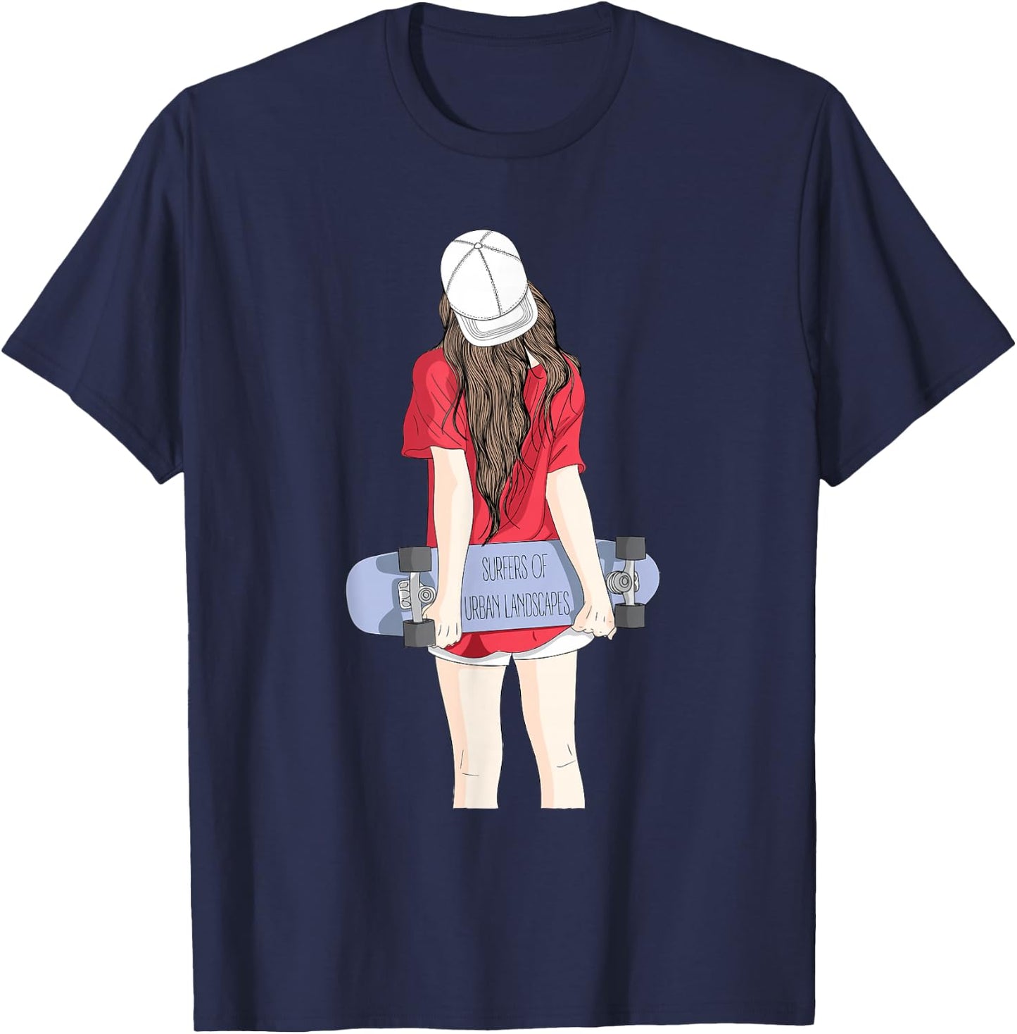 Cool Skateboarding Girl in a Baseball Cap with a Skateboard T-Shirt - T-Shirt | Navy