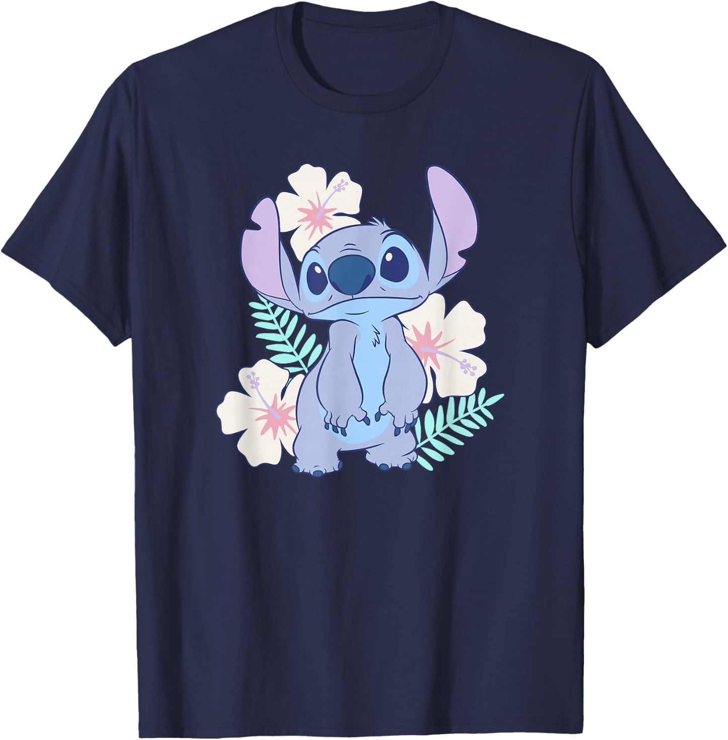 Disney Lilo & Stitch Cute Face Hawaiian Flowers Portrait T-Shirt - T-Shirt | Navy