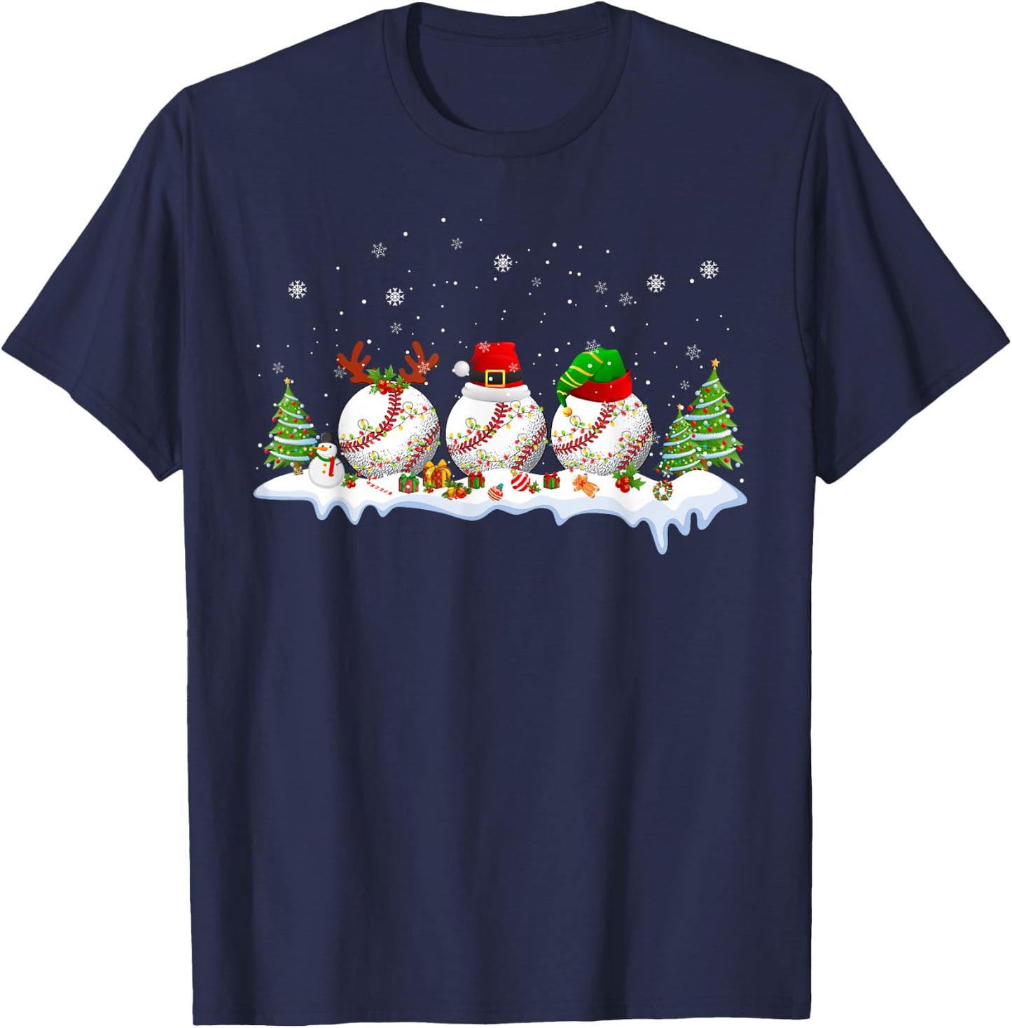 Santa Elf Reindeer Baseball Balls Xmas Tree Lights Christmas T-Shirt - T-Shirt | Navy