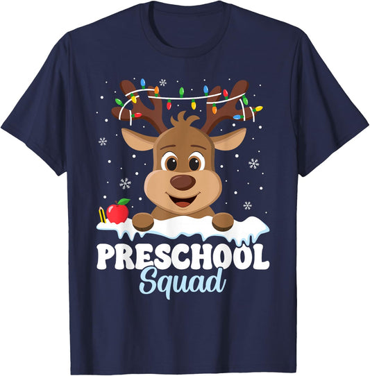 Preschool Teacher Christmas Preschool Squad Reindeer Xmas T-Shirt - T-Shirt | Navy