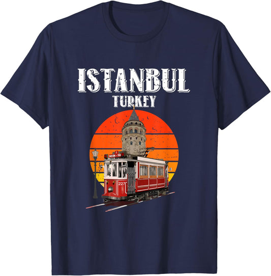 Vintage Sunset Istanbul Turkey Retro Tram And Galata Tower T-Shirt - T-Shirt | Navy