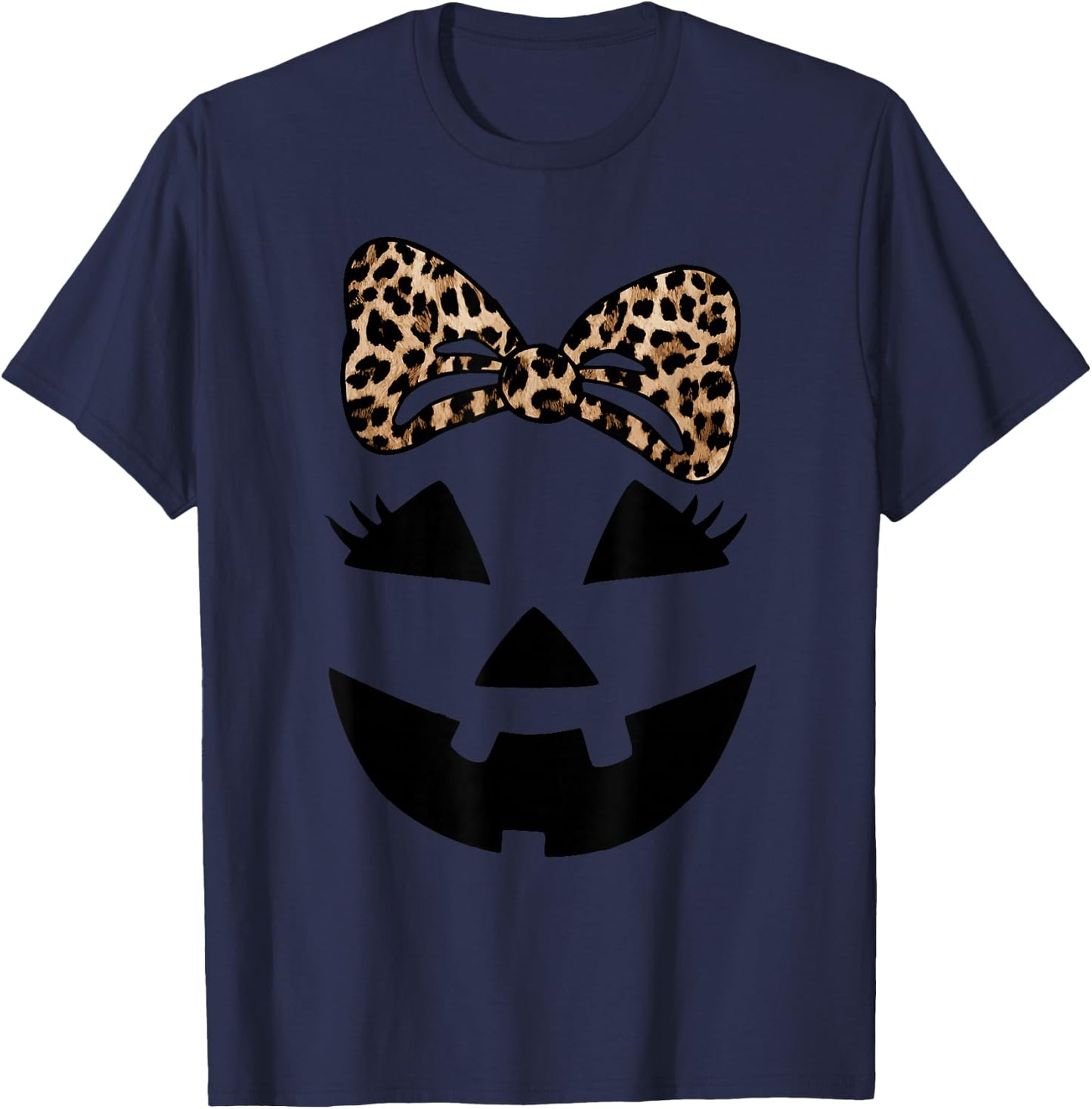 Jack O Lantern Face Pumpkin Hallowen Leopard Print Bow Tie T-Shirt - T-Shirt | Navy
