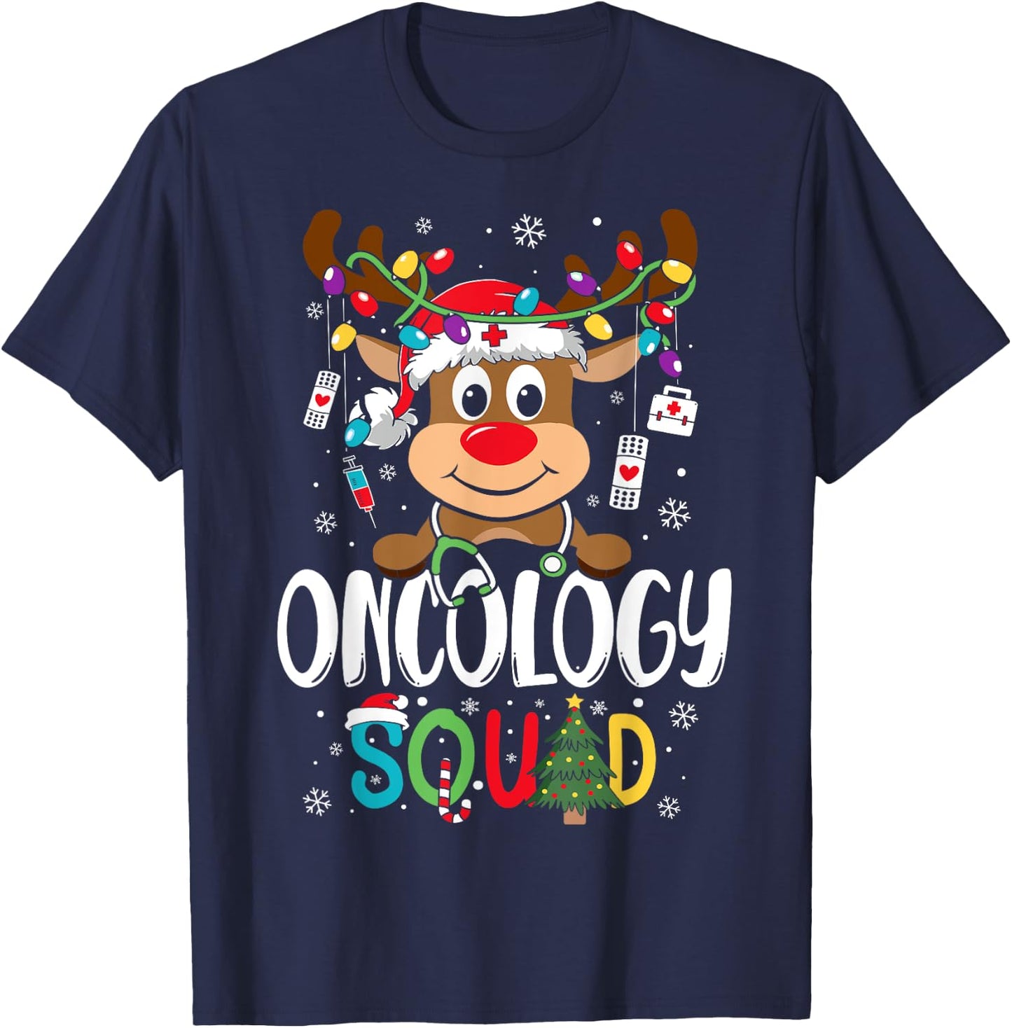 Oncology Nurse Squad Reindeer Stethoscope Nurse Christmas T-Shirt - T-Shirt | Navy