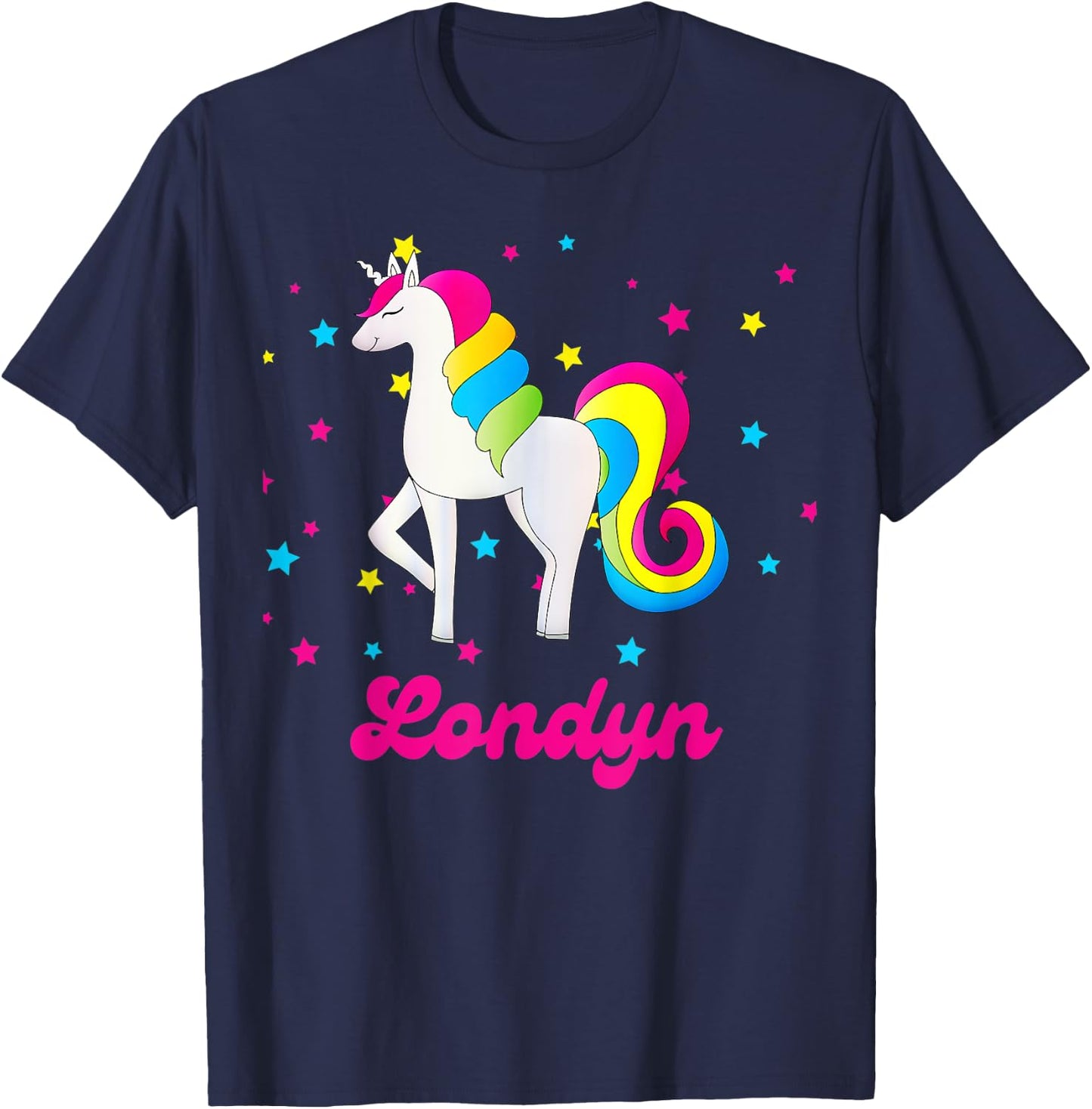 Cute Rainbow Unicorn Pink and Blue Personalized Londyn T-Shirt - T-Shirt | Navy