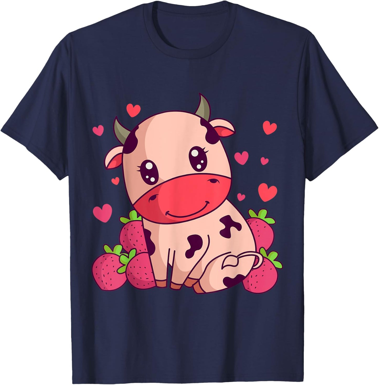 Kawaii Strawberry Milk Cow Farmers Cute Pink Cow T-Shirt - T-Shirt | Navy