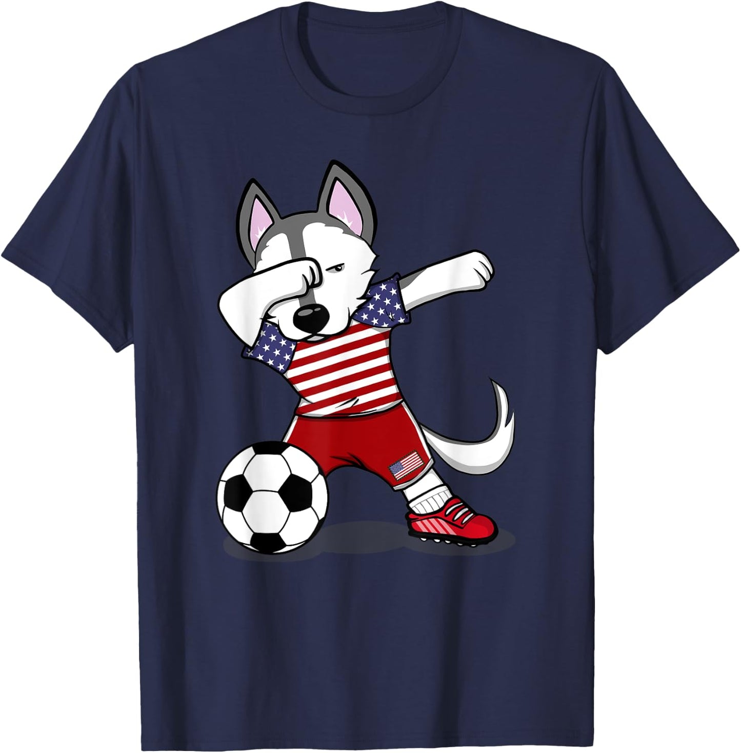 Dabbing Husky America Soccer Fans Jersey USA Flag Football T-Shirt - T-Shirt | Navy
