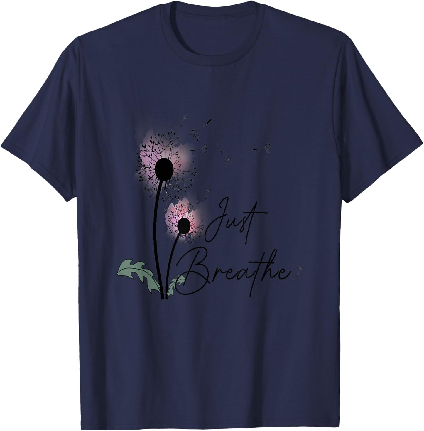 Dandelion Graphic Just Breathe Letter Print Inspirational T-Shirt - T-Shirt | Navy