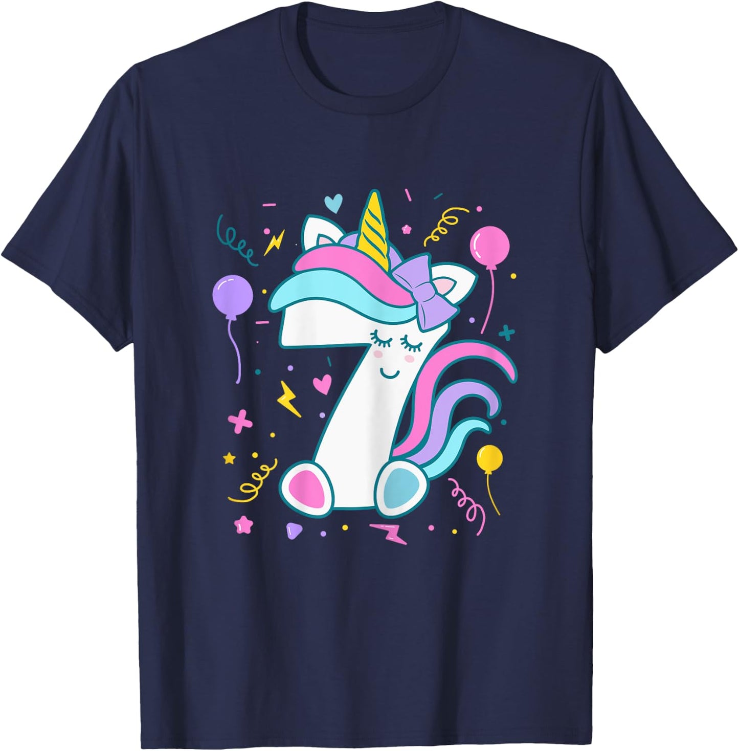 Unicorn 7th Birthday Number 7 Year Old Girl Birthday T-Shirt - T-Shirt | Navy