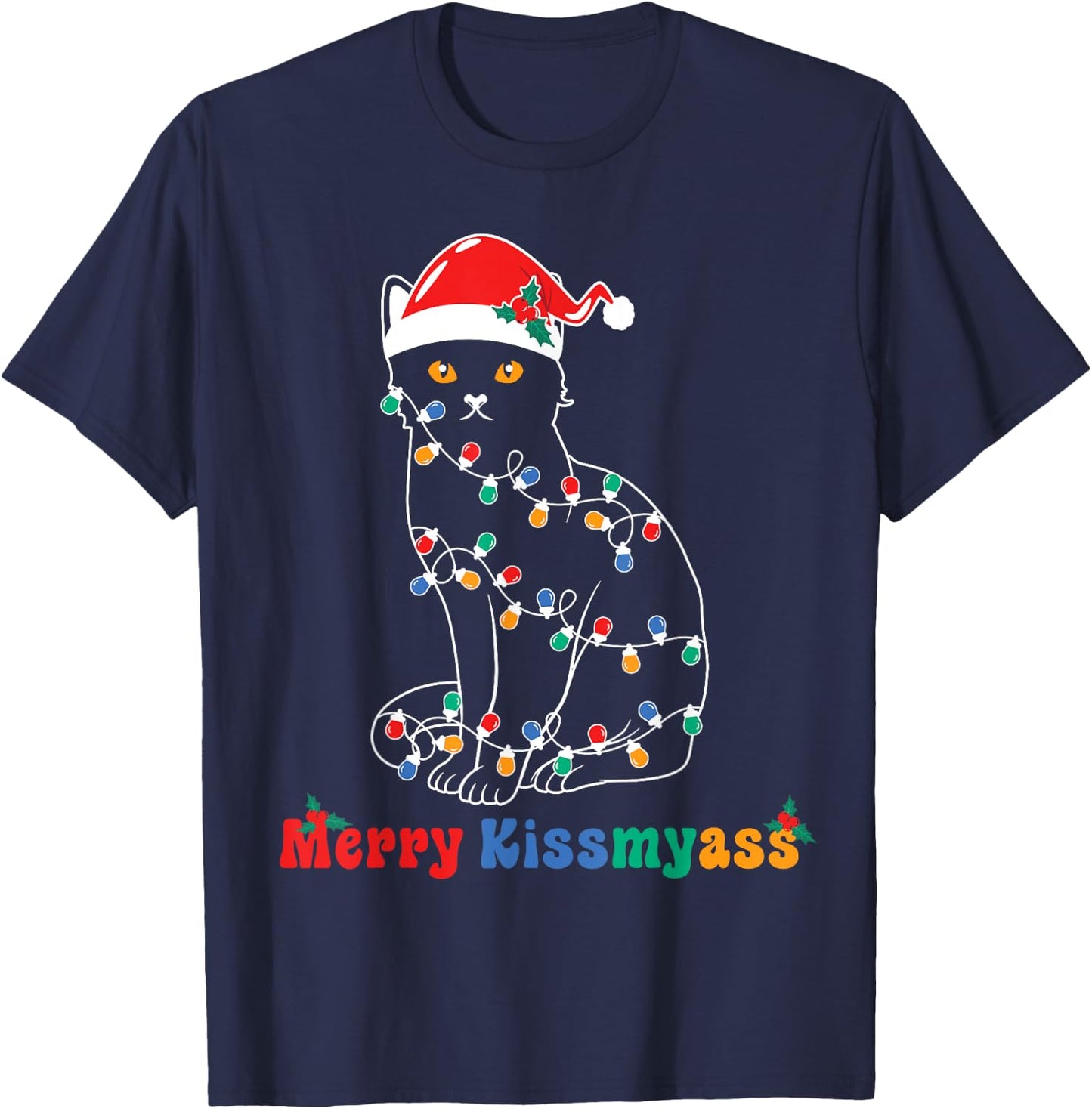 Merry Christmas Cat Christmas Lights Merry Christmas Cat T-Shirt - T-Shirt | Navy