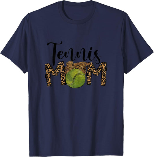 Tennis Mom Leopard Messy Bun Tennis Mothers Day 2024 T-Shirt - T-Shirt | Navy