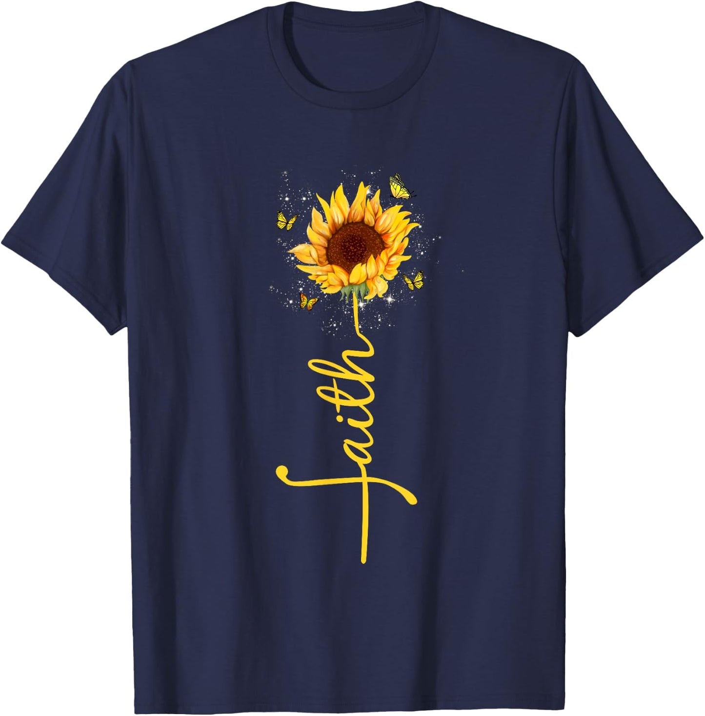 Faith Cross Sunflower Butterflies Flowers Christians Flora T-Shirt - T-Shirt | Navy