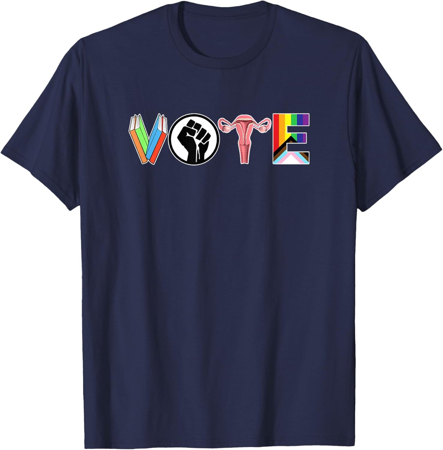 Vote - Books, Fist, Ovaries, LGTBQ Small T-Shirt - T-Shirt | Navy
