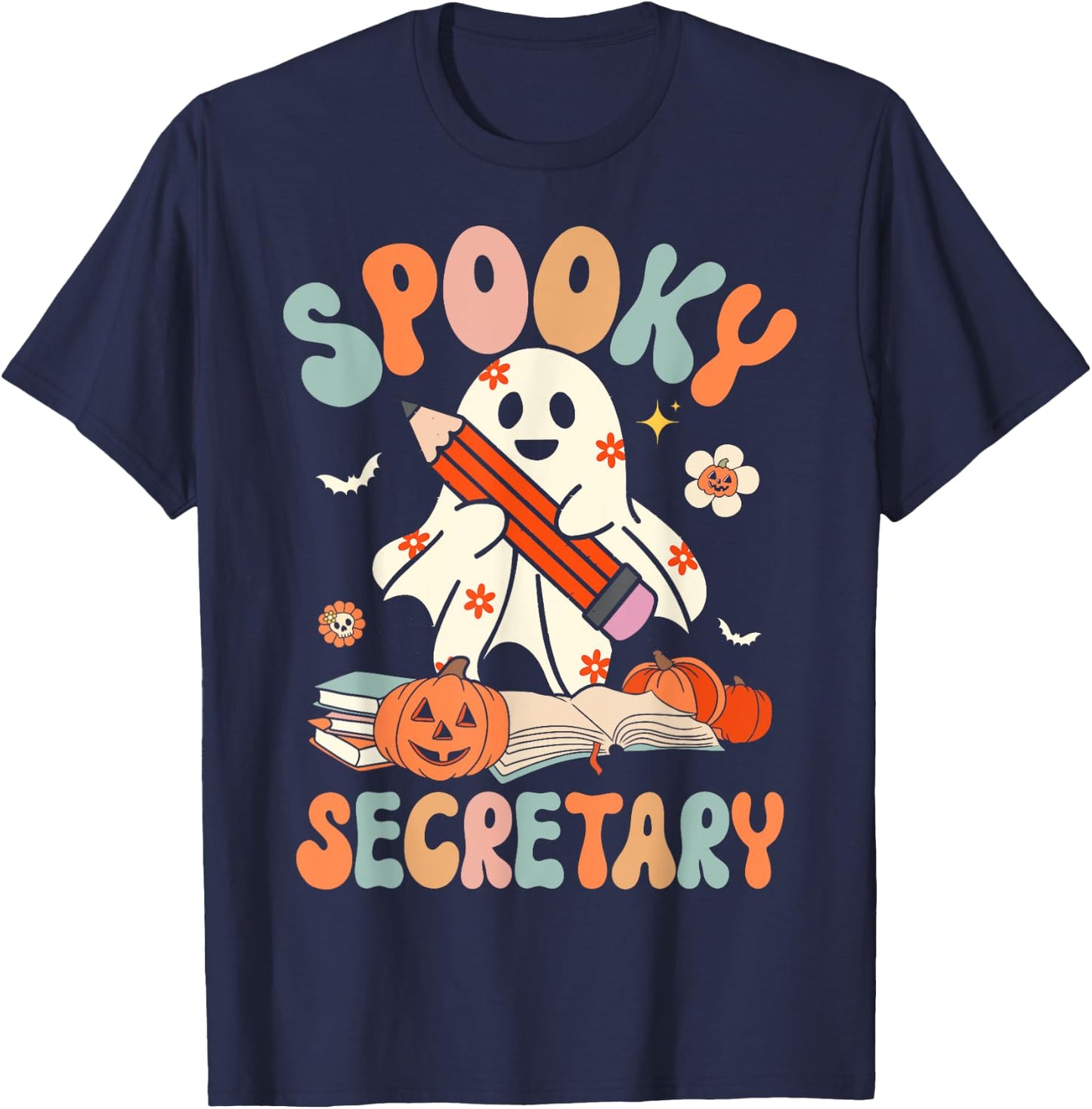 Spooky School Secretary Groovy Halloween Floral Ghost T-Shirt - T-Shirt | Navy