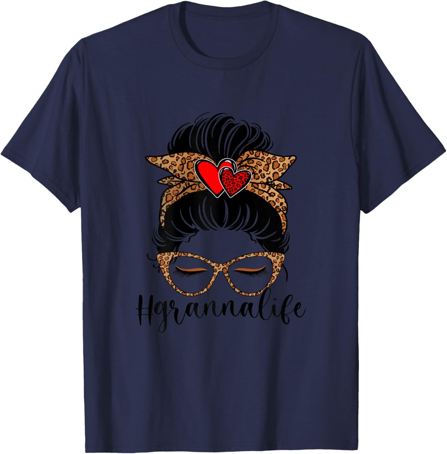 Granna Life Messy Hair Bun Leopard Print Women Mother's Day T-Shirt - T-Shirt | Navy