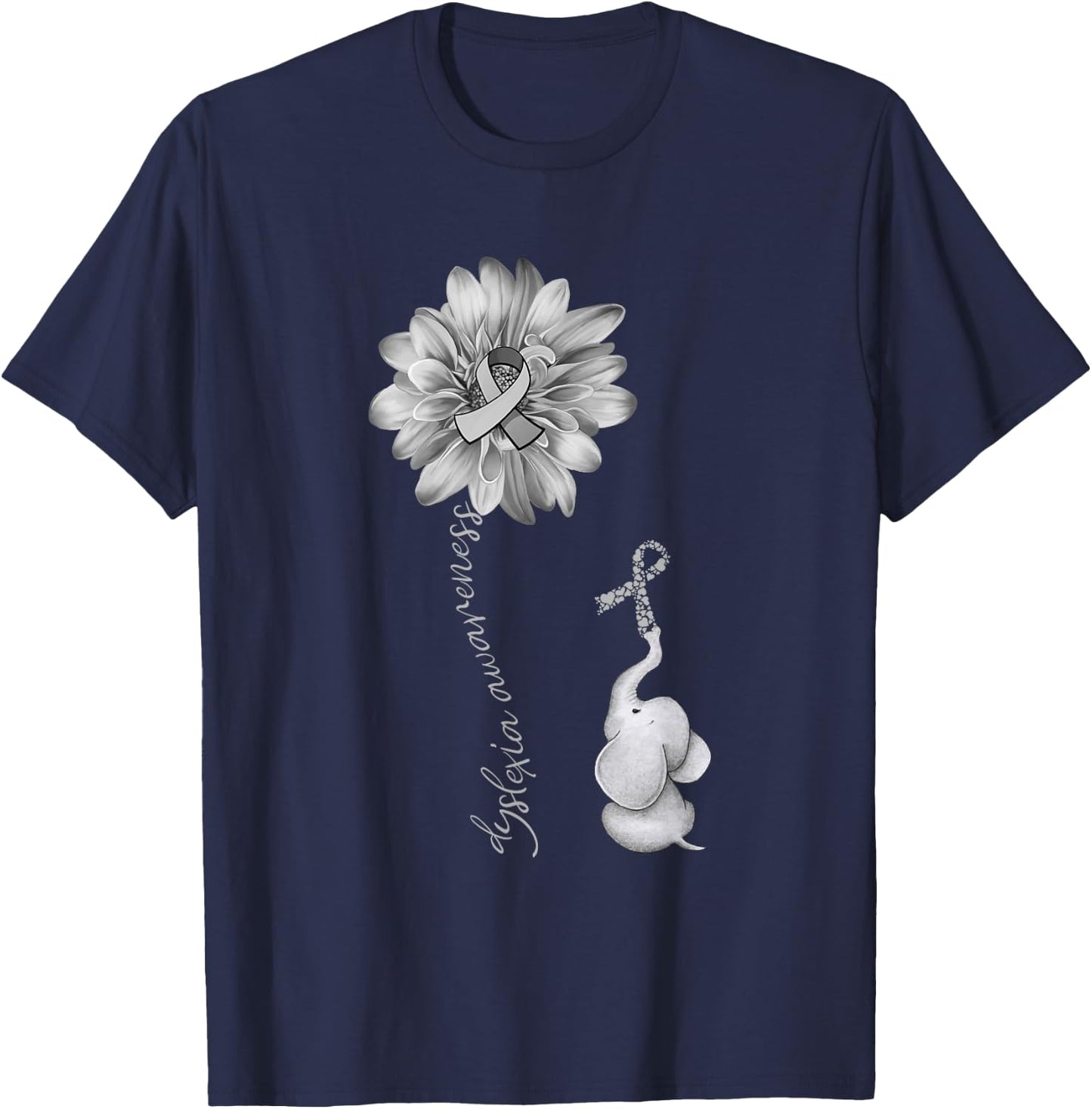 Elephant Sunflower Gray Ribbon Dyslexia Awareness T-Shirt - T-Shirt | Navy