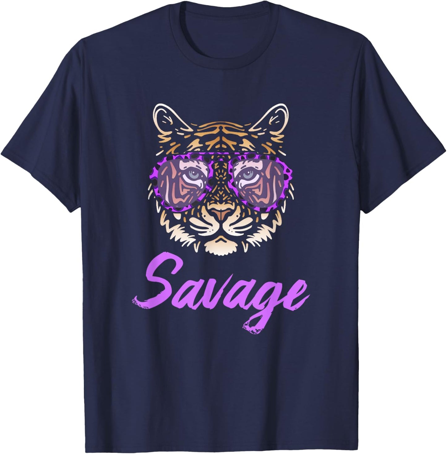 Savage Tiger Purple Leopard Print Sunglasses Funny Graphic T-Shirt - T-Shirt | Navy
