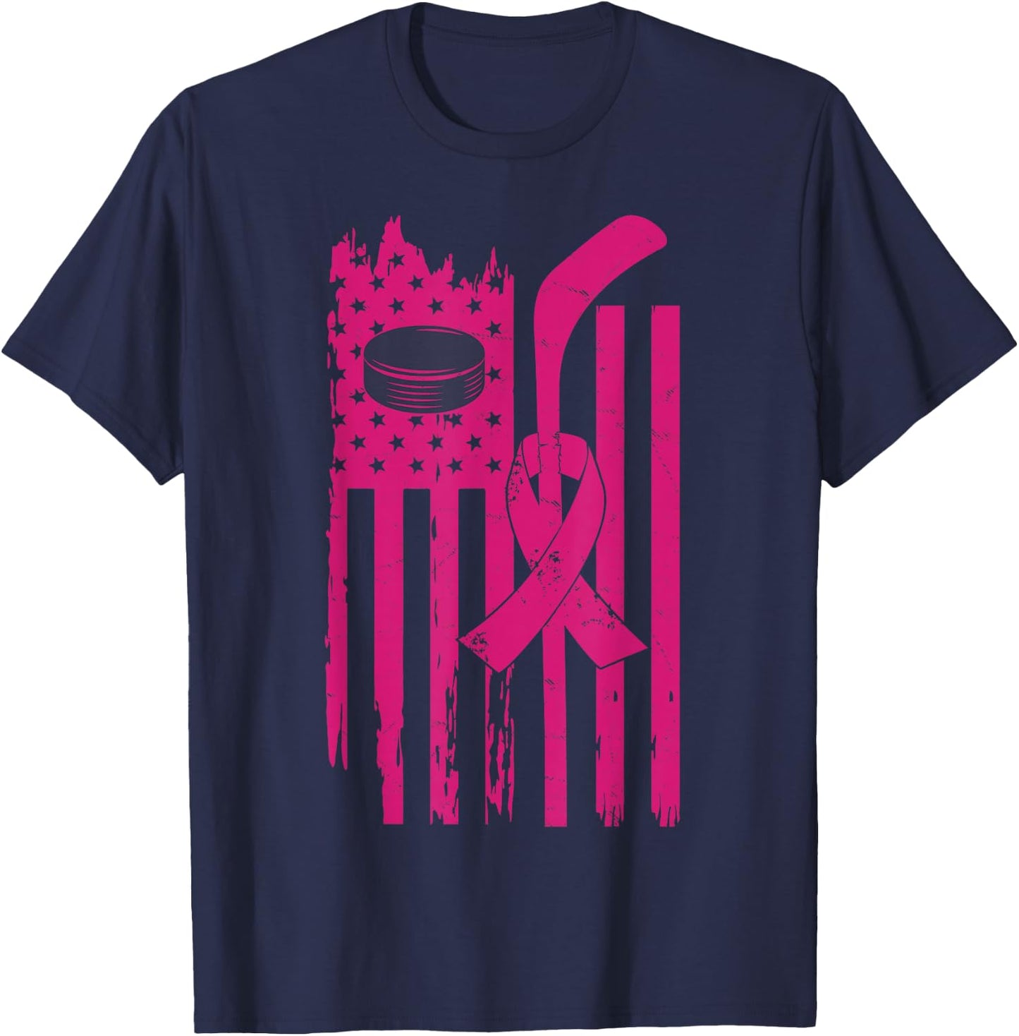 Hockey Pink Ribbon Breast Cancer Awareness Sport Lover T-Shirt - T-Shirt | Navy