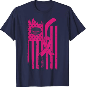 Hockey Pink Ribbon Breast Cancer Awareness Sport Lover T-Shirt - T-Shirt | Navy