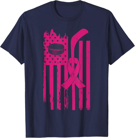 Hockey Pink Ribbon Breast Cancer Awareness Sport Lover T-Shirt - T-Shirt | Navy