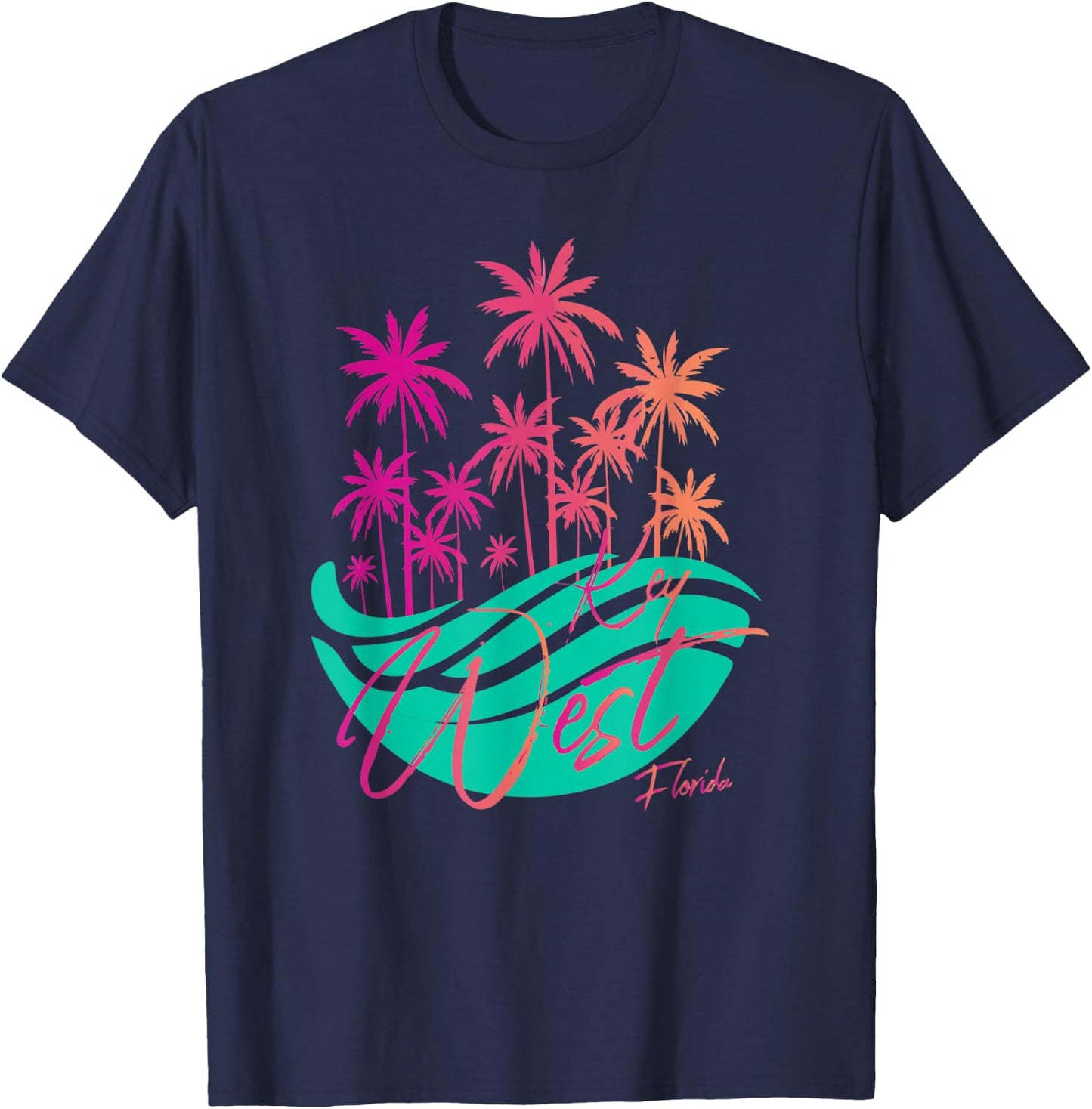 Retro Key West Florida Colorful Palm Trees And Ocean Waves T-Shirt - T-Shirt | Navy