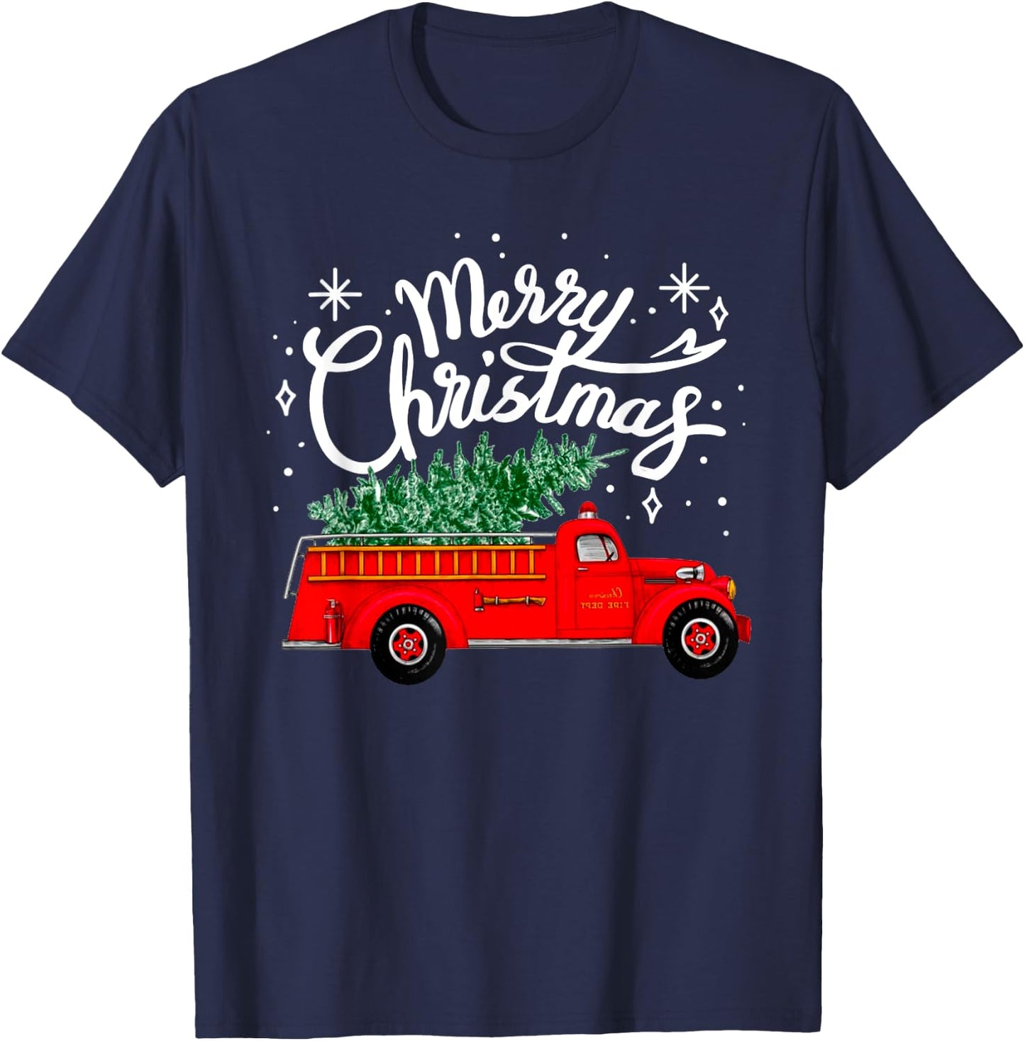 Funny Merry Christmas Fire Truck Xmas Tree Firefighter 2024 T-Shirt - T-Shirt | Navy