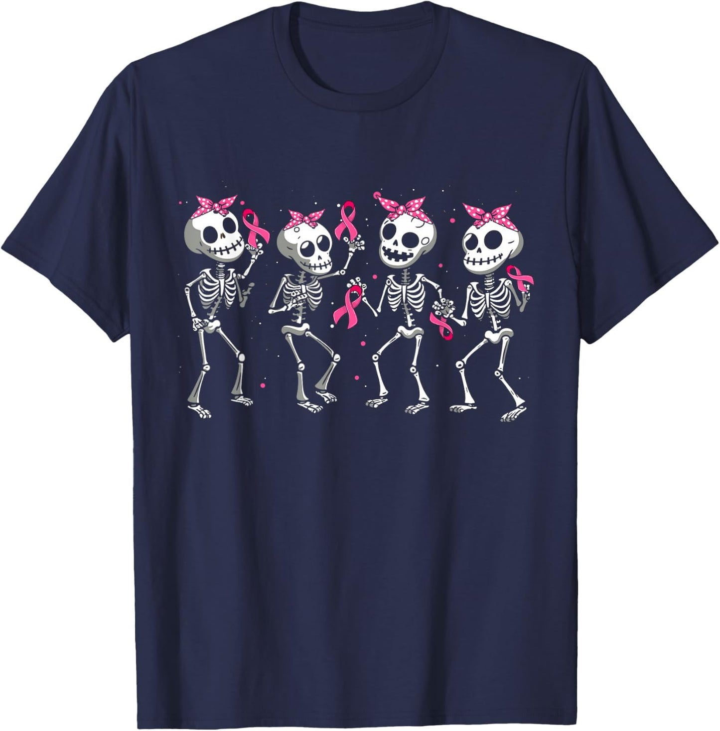 Pink Ribbon Breast Cancer Awareness Skeleton Women Men Kids T-Shirt - T-Shirt | Navy