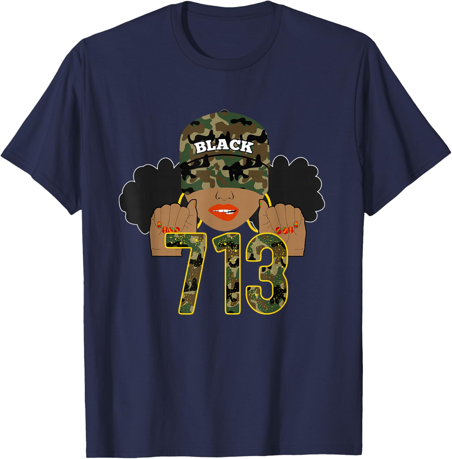 713 Houston Texas H-Town Area Code Black Woman T-Shirt - T-Shirt | Navy