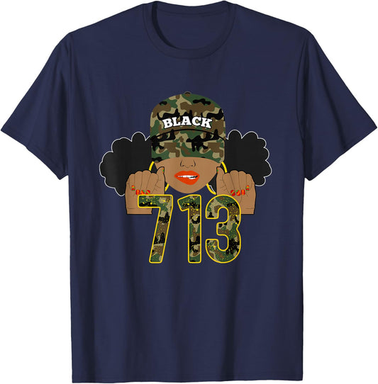 713 Houston Texas H-Town Area Code Black Woman T-Shirt - T-Shirt | Navy