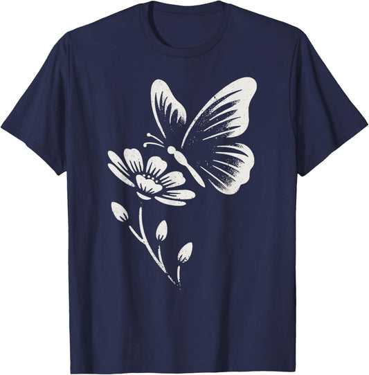 Butterfly and Flower T-Shirt - T-Shirt | Navy