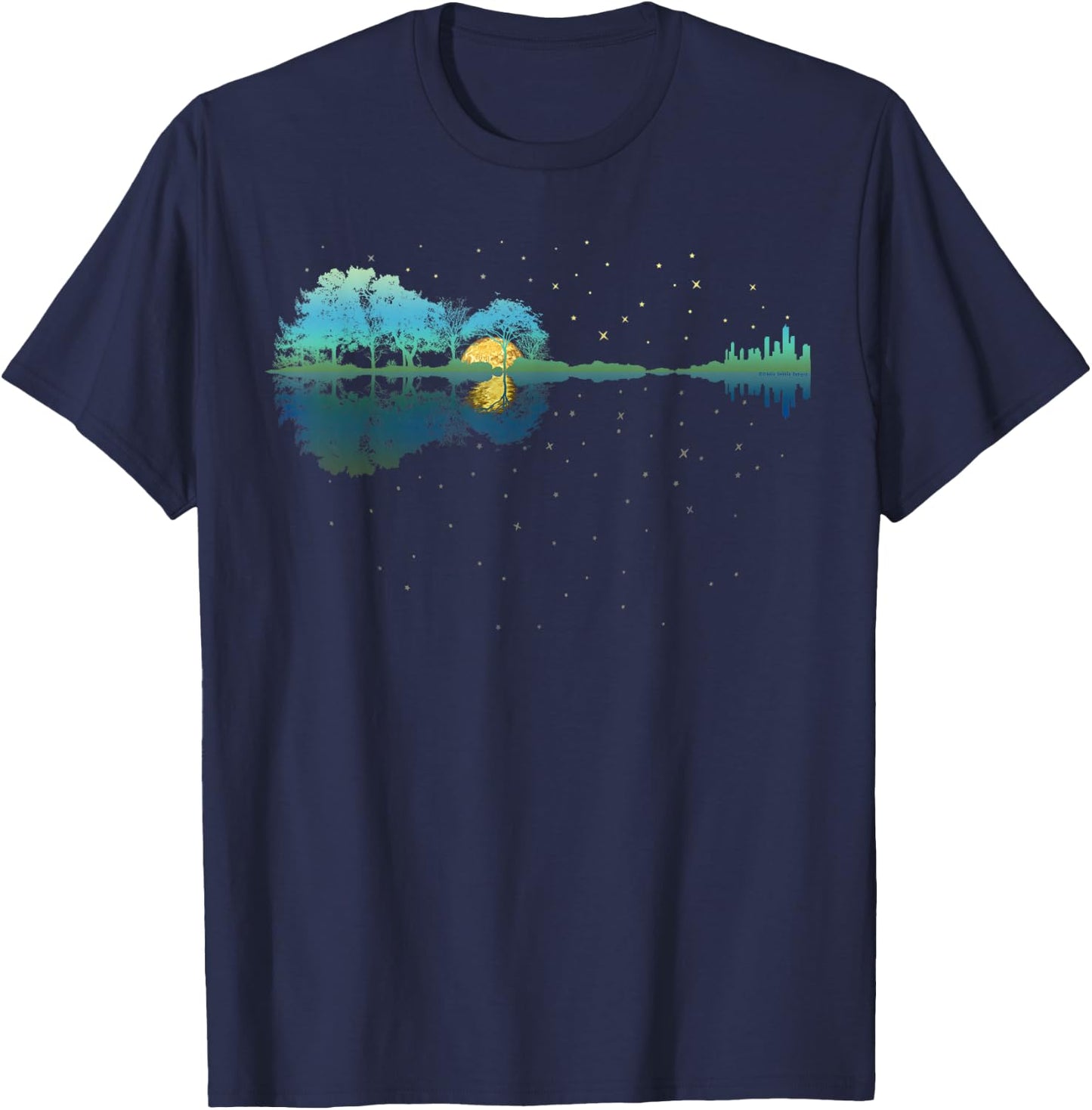 Guitar Lake Reflections Night Sky and Moon Guitar T-Shirt - T-Shirt | Navy