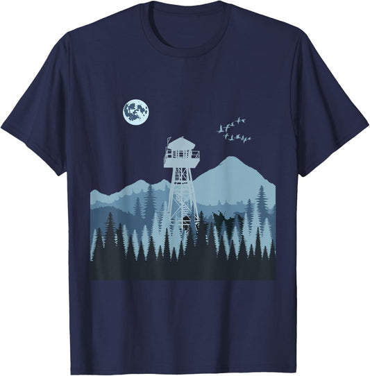 Mountain Forest Fire Lookout Tower T-Shirt - T-Shirt | Navy