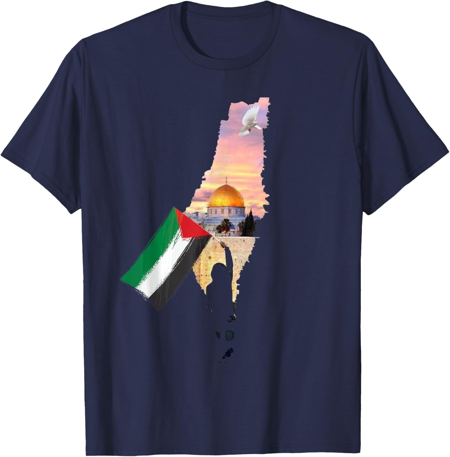 Boy Hold Palestine Map Palestinian's Flag Jerusalem's City T-Shirt - T-Shirt | Navy