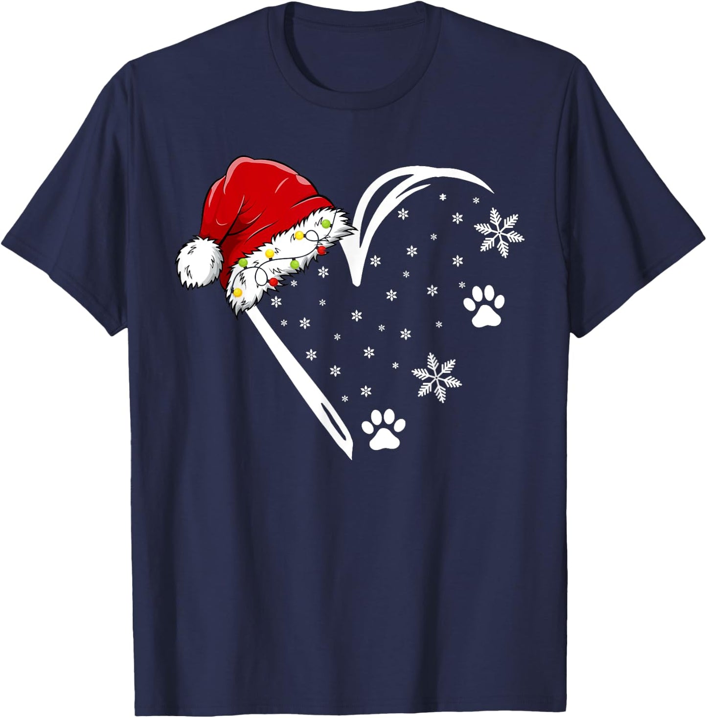 Dog Paw Print Heart Santa Hat Christmas Lights Animal Lover Women Kids T-Shirt - T-Shirt | Navy