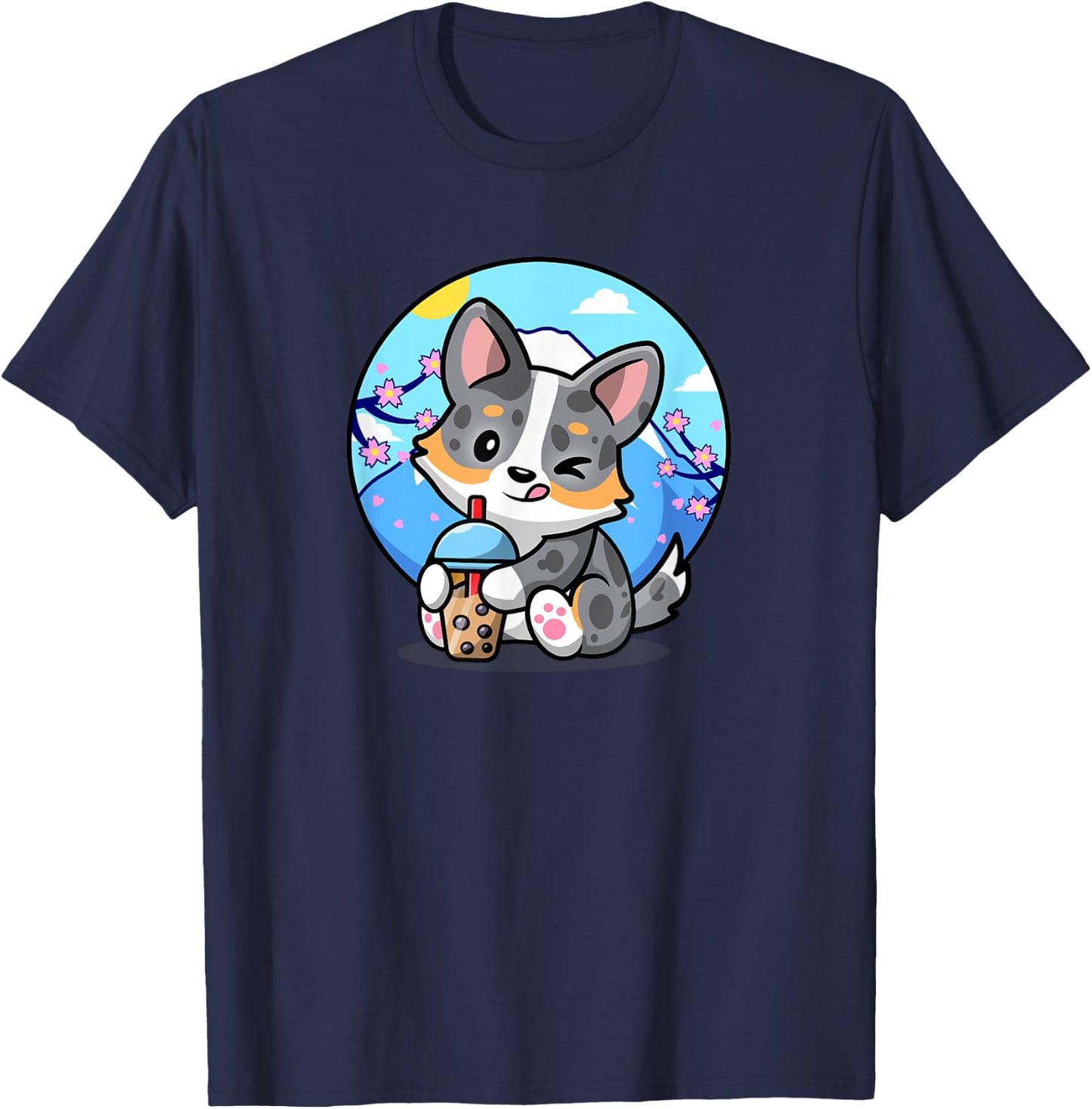 Funny Boba Bubble Tea Cherry Sakura Blue Merle Corgi Lover T-Shirt - T-Shirt | Navy