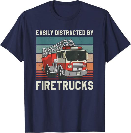 Easily Distracted By Fire Trucks Firefighting Firefighter T-Shirt - T-Shirt | Navy