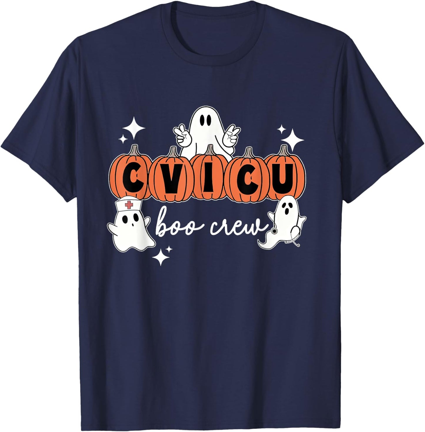 Halloween CVICU Boo Crew Pumpkin CVICU Nurse Spooky Season T-Shirt - T-Shirt | Navy