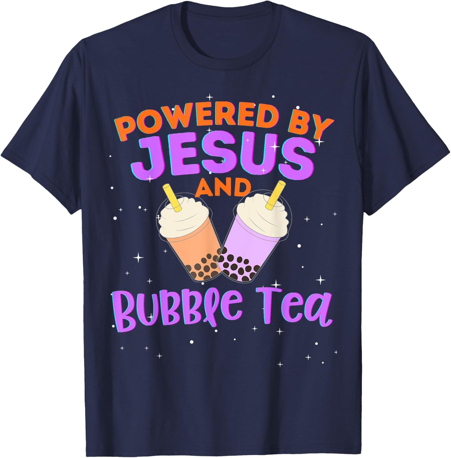 Powered by Jesus and Bubble Tea Christian Religious God T-Shirt - T-Shirt | Navy