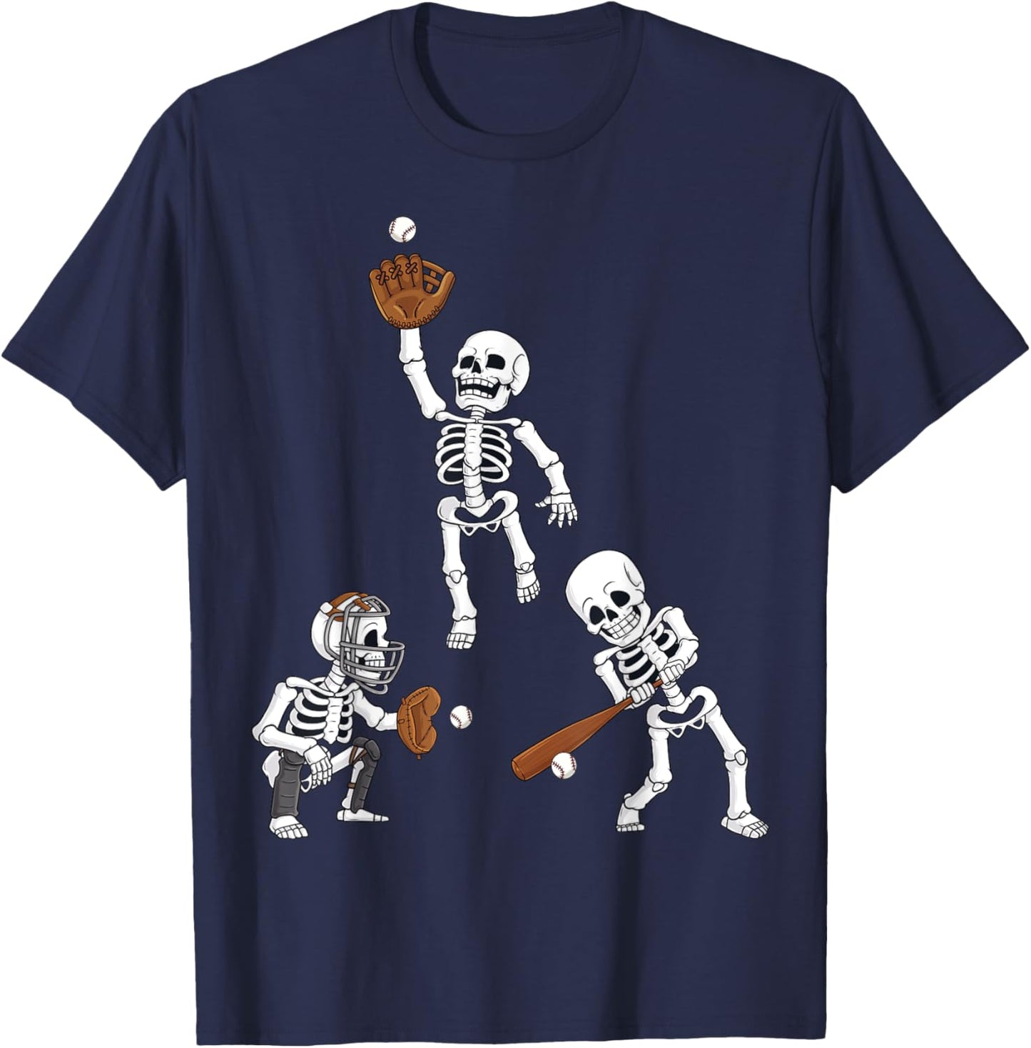 Baseball Halloween Skeletons Hitter Catcher Boys Kids Teen T-Shirt - T-Shirt | Navy